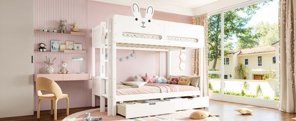 English Elm Twin Over Bunk Bed with Rabbit Headboard Storage Drawers and Safety Rails W5305S00296
