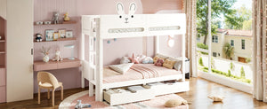 English Elm Twin Over Bunk Bed with Rabbit Headboard Storage Drawers and Safety Rails W5305S00296