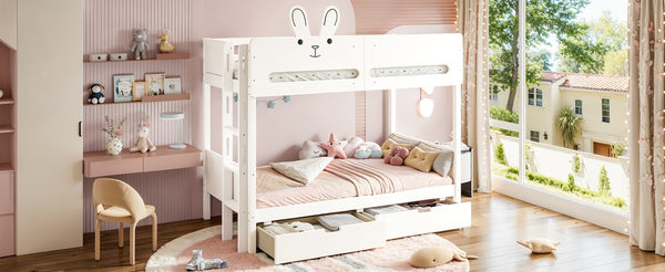 English Elm Twin Over Bunk Bed with Rabbit Headboard Storage Drawers and Safety Rails W5305S00296