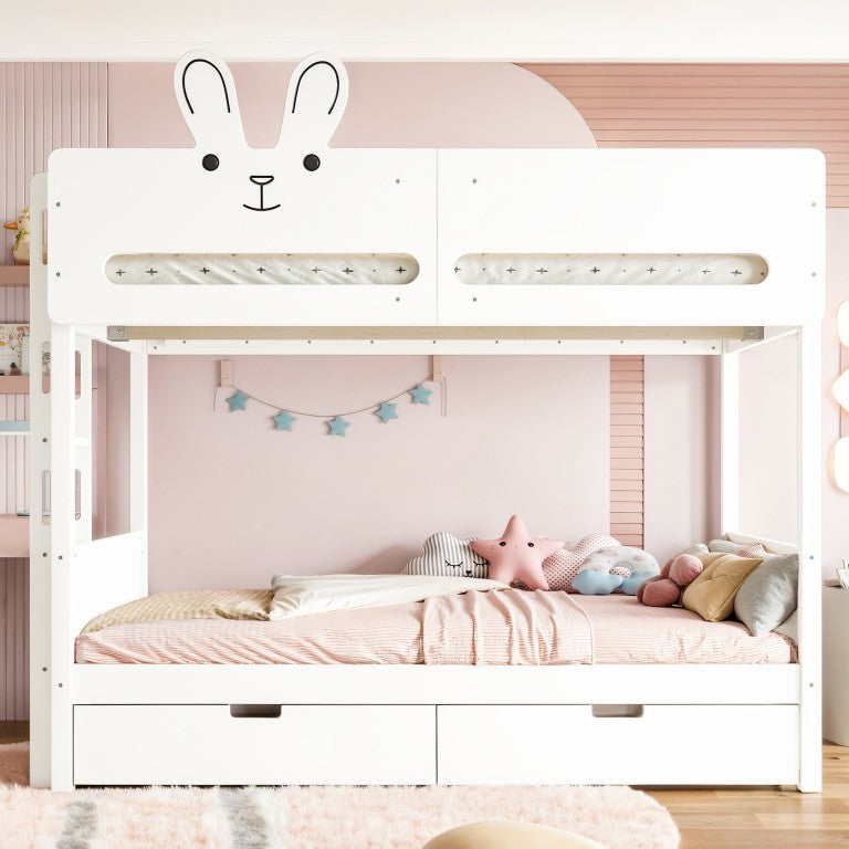English Elm Twin Over Bunk Bed with Rabbit Headboard Storage Drawers and Safety Rails W5305S00296