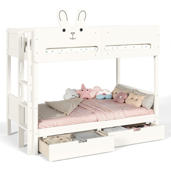 English Elm Twin Over Bunk Bed with Rabbit Headboard Storage Drawers and Safety Rails W5305S00296