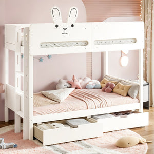 English Elm Twin Over Bunk Bed with Rabbit Headboard Storage Drawers and Safety Rails W5305S00296