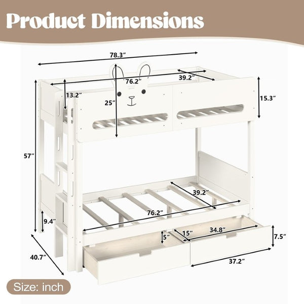 English Elm Twin Over Bunk Bed with Rabbit Headboard Storage Drawers and Safety Rails W5305S00296