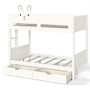 English Elm Twin Over Bunk Bed with Rabbit Headboard Storage Drawers and Safety Rails W5305S00296