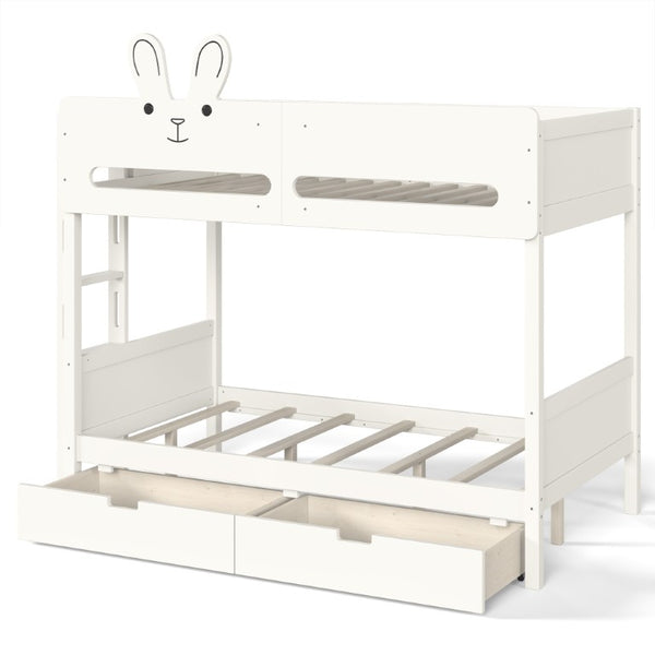 English Elm Twin Over Bunk Bed with Rabbit Headboard Storage Drawers and Safety Rails W5305S00296