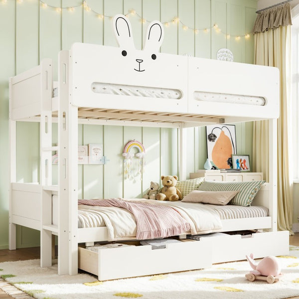 English Elm Full Size Bunk Bed with Rabbit Headboard Pine Wood Frame and Under Storage Drawers W5305S00297