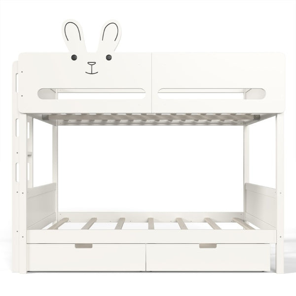 English Elm Full Size Bunk Bed with Rabbit Headboard Pine Wood Frame and Under Storage Drawers W5305S00297