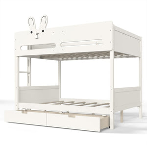 English Elm Full Size Bunk Bed with Rabbit Headboard Pine Wood Frame and Under Storage Drawers W5305S00297