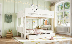 English Elm Full Size Bunk Bed with Rabbit Headboard Pine Wood Frame and Under Storage Drawers W5305S00297