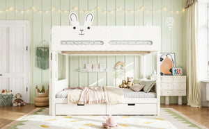 English Elm Full Size Bunk Bed with Rabbit Headboard Pine Wood Frame and Under Storage Drawers W5305S00297