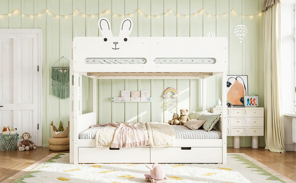 English Elm Full Size Bunk Bed with Rabbit Headboard Pine Wood Frame and Under Storage Drawers W5305S00297