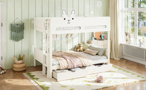 English Elm Full Size Bunk Bed with Rabbit Headboard Pine Wood Frame and Under Storage Drawers W5305S00297