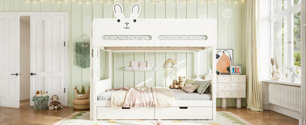 English Elm Full Size Bunk Bed with Rabbit Headboard Pine Wood Frame and Under Storage Drawers W5305S00297