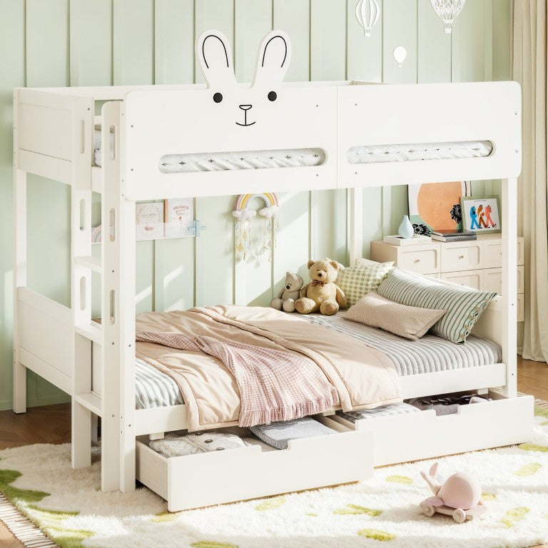 English Elm Full Size Bunk Bed with Rabbit Headboard Pine Wood Frame and Under Storage Drawers W5305S00297