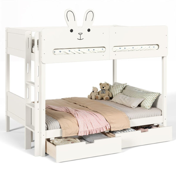 English Elm Full Size Bunk Bed with Rabbit Headboard Pine Wood Frame and Under Storage Drawers W5305S00297