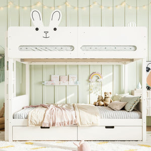 English Elm Full Size Bunk Bed with Rabbit Headboard Pine Wood Frame and Under Storage Drawers W5305S00297
