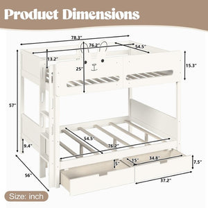 English Elm Full Size Bunk Bed with Rabbit Headboard Pine Wood Frame and Under Storage Drawers W5305S00297