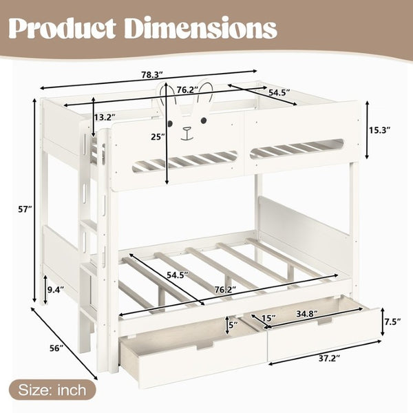 English Elm Full Size Bunk Bed with Rabbit Headboard Pine Wood Frame and Under Storage Drawers W5305S00297