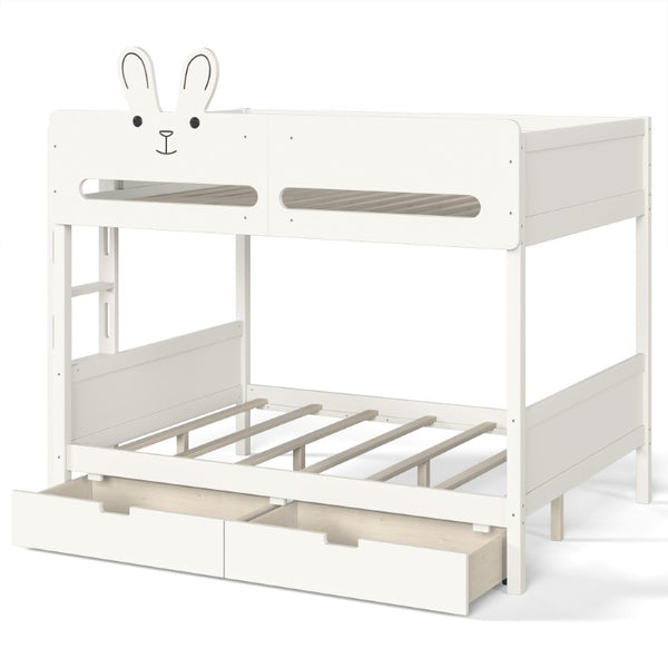 English Elm Full Size Bunk Bed with Rabbit Headboard Pine Wood Frame and Under Storage Drawers W5305S00297