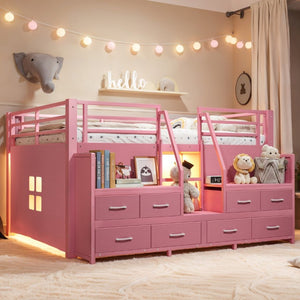 English Elm Full Low Loft Bed with Storage Stairs Fabric Drawers Shelves and Built-In Lights Pink W5305S00298