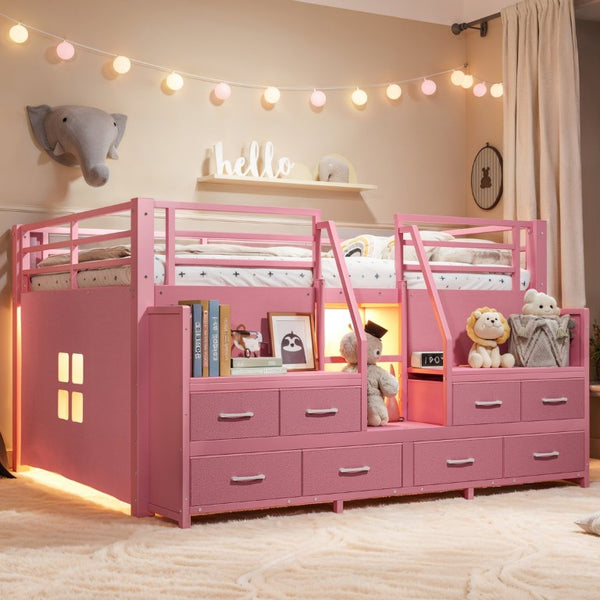English Elm Full Low Loft Bed with Storage Stairs Fabric Drawers Shelves and Built-In Lights Pink W5305S00298