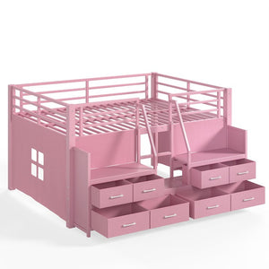 English Elm Full Low Loft Bed with Storage Stairs Fabric Drawers Shelves and Built-In Lights Pink W5305S00298