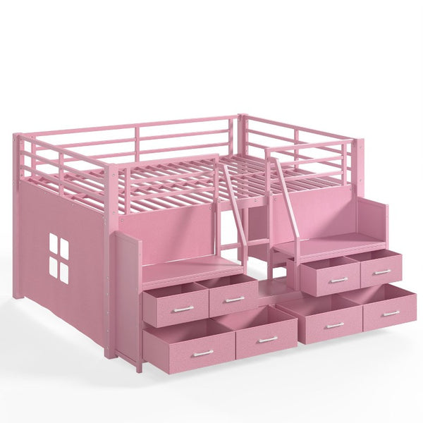English Elm Full Low Loft Bed with Storage Stairs Fabric Drawers Shelves and Built-In Lights Pink W5305S00298