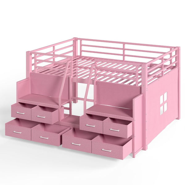English Elm Full Low Loft Bed with Storage Stairs Fabric Drawers Shelves and Built-In Lights Pink W5305S00298
