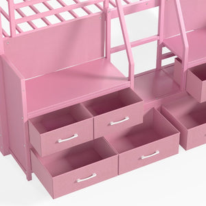 English Elm Full Low Loft Bed with Storage Stairs Fabric Drawers Shelves and Built-In Lights Pink W5305S00298