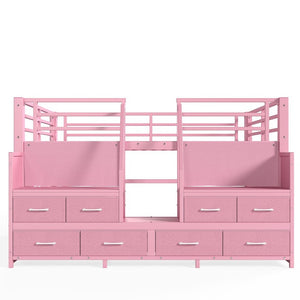 English Elm Full Low Loft Bed with Storage Stairs Fabric Drawers Shelves and Built-In Lights Pink W5305S00298