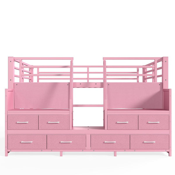 English Elm Full Low Loft Bed with Storage Stairs Fabric Drawers Shelves and Built-In Lights Pink W5305S00298