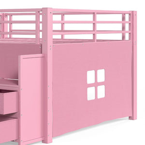 English Elm Full Low Loft Bed with Storage Stairs Fabric Drawers Shelves and Built-In Lights Pink W5305S00298