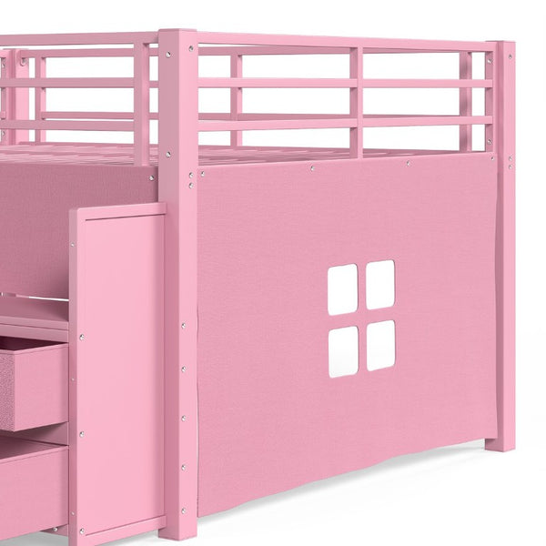 English Elm Full Low Loft Bed with Storage Stairs Fabric Drawers Shelves and Built-In Lights Pink W5305S00298