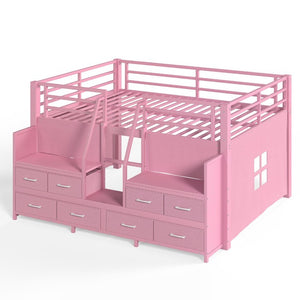 English Elm Full Low Loft Bed with Storage Stairs Fabric Drawers Shelves and Built-In Lights Pink W5305S00298