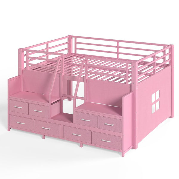 English Elm Full Low Loft Bed with Storage Stairs Fabric Drawers Shelves and Built-In Lights Pink W5305S00298