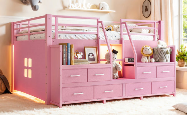 English Elm Full Low Loft Bed with Storage Stairs Fabric Drawers Shelves and Built-In Lights Pink W5305S00298