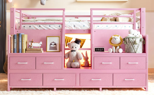 English Elm Full Low Loft Bed with Storage Stairs Fabric Drawers Shelves and Built-In Lights Pink W5305S00298