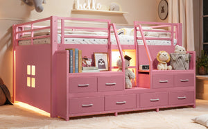 English Elm Full Low Loft Bed with Storage Stairs Fabric Drawers Shelves and Built-In Lights Pink W5305S00298