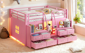 English Elm Full Low Loft Bed with Storage Stairs Fabric Drawers Shelves and Built-In Lights Pink W5305S00298