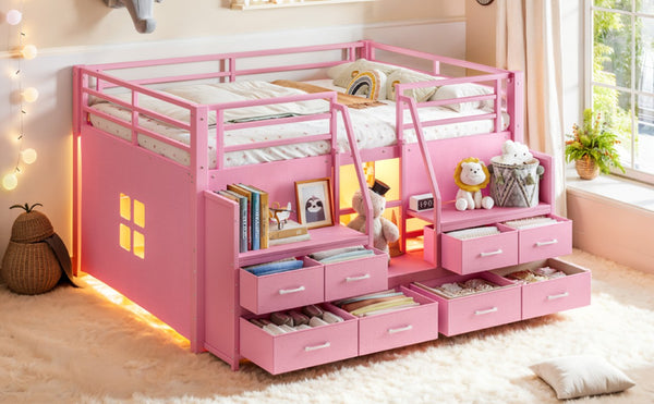 English Elm Full Low Loft Bed with Storage Stairs Fabric Drawers Shelves and Built-In Lights Pink W5305S00298