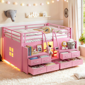 English Elm Full Low Loft Bed with Storage Stairs Fabric Drawers Shelves and Built-In Lights Pink W5305S00298