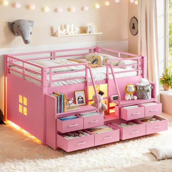 English Elm Full Low Loft Bed with Storage Stairs Fabric Drawers Shelves and Built-In Lights Pink W5305S00298