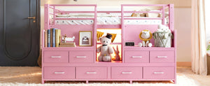 English Elm Full Low Loft Bed with Storage Stairs Fabric Drawers Shelves and Built-In Lights Pink W5305S00298