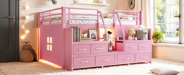 English Elm Full Low Loft Bed with Storage Stairs Fabric Drawers Shelves and Built-In Lights Pink W5305S00298