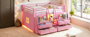 English Elm Full Low Loft Bed with Storage Stairs Fabric Drawers Shelves and Built-In Lights Pink W5305S00298