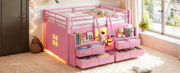 English Elm Full Low Loft Bed with Storage Stairs Fabric Drawers Shelves and Built-In Lights Pink W5305S00298