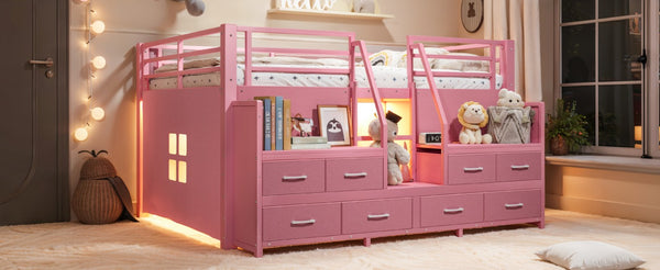 English Elm Full Low Loft Bed with Storage Stairs Fabric Drawers Shelves and Built-In Lights Pink W5305S00298