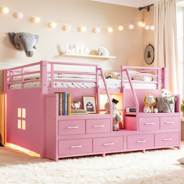 English Elm Full Low Loft Bed with Storage Stairs Fabric Drawers Shelves and Built-In Lights Pink W5305S00298