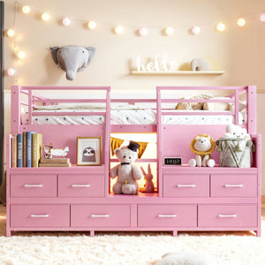 English Elm Full Low Loft Bed with Storage Stairs Fabric Drawers Shelves and Built-In Lights Pink W5305S00298
