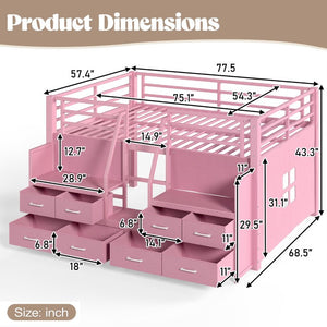English Elm Full Low Loft Bed with Storage Stairs Fabric Drawers Shelves and Built-In Lights Pink W5305S00298